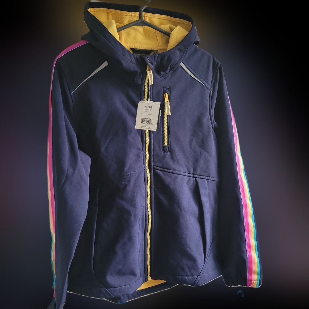 Athletic Works Kids Raincoat - Navy with Yellow and Multicolor Stripes
